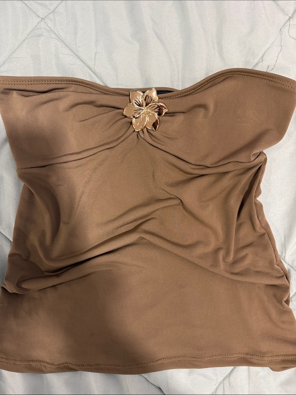 Strapless Brown Dress with Gold Floral Accent